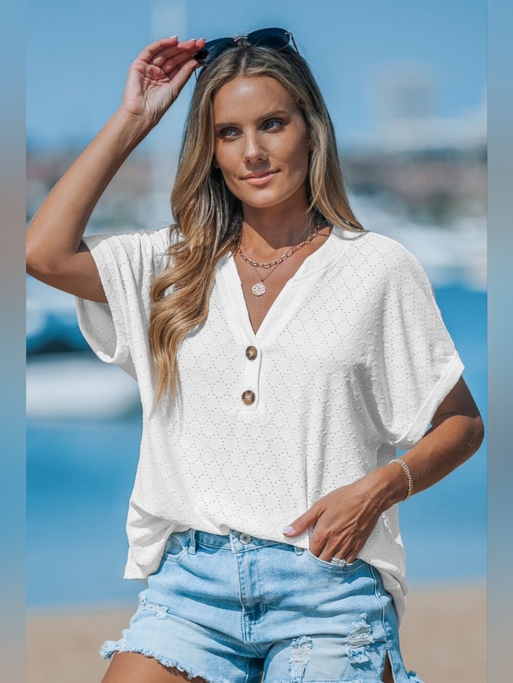 Cupshe White Cutout Textured V-Neck Dolman Top